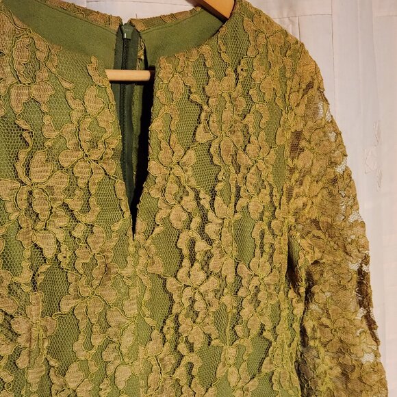 👗 VTG 60s Handmade Lace Dress Olive Mod Long Sleeve 🎯 - Picture 4 of 8